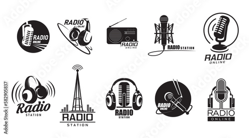 Online radio icons, radio station podcast and music sound, vector symbols. Web radio app icons for internet FM radio broadcast, online audio news and DJ live play stream in mobile application