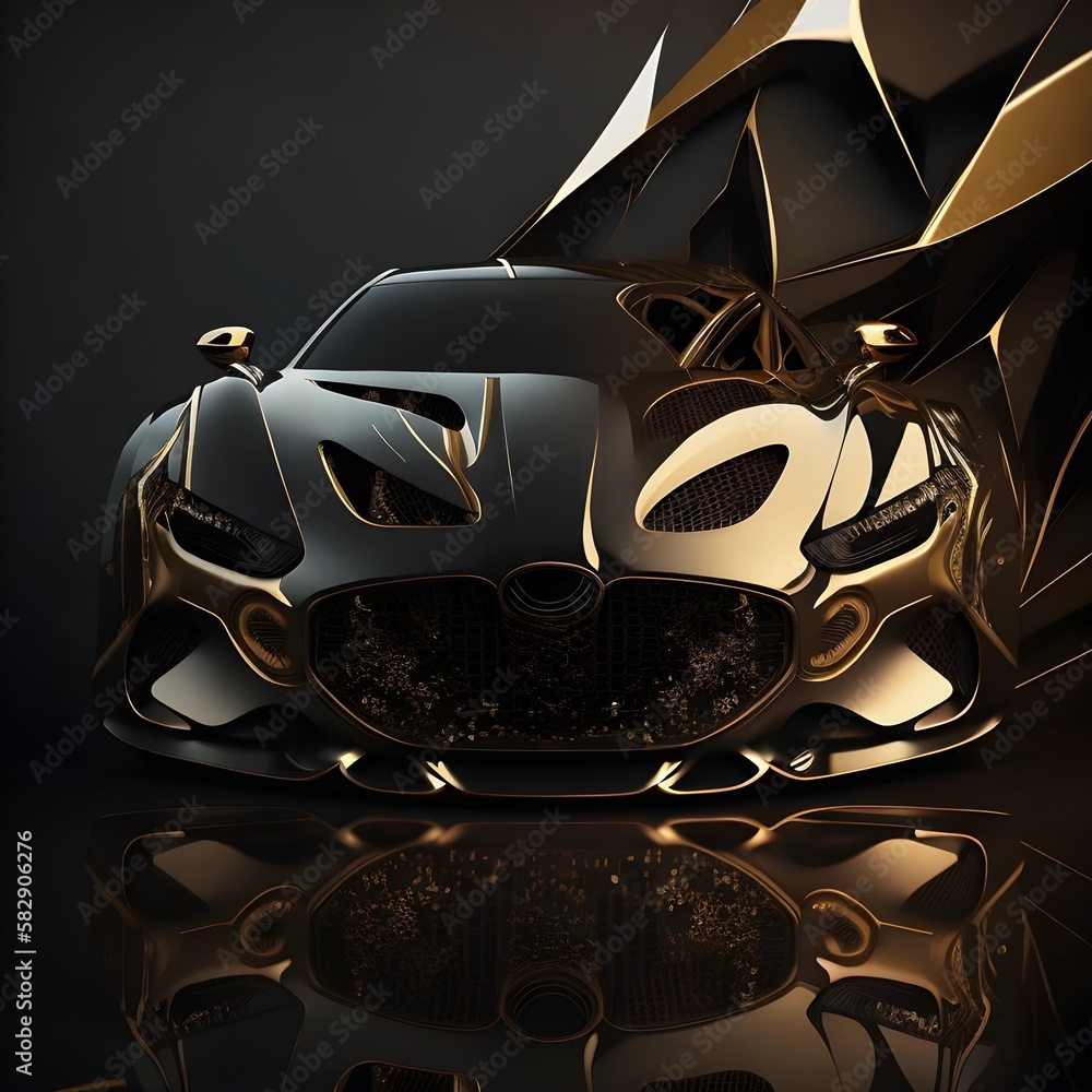 realistic abstract black and gold appearance of a sports car, geometric black and gold background, generated in AI