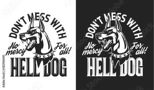 Angry doberman dog mascot. T-shirt print with angry barking and showing fangs doberman, aggressive dog in collar with spikes. Clothing custom print, sport team animal mascot vector emblem or symbol
