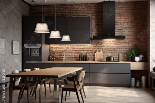 Interior of a contemporary kitchen with copy space on a red brick wall, oak counters, and an integrated oven. a mockup Room for dining in a loft apartment. Grey wall with front poster. Generative AI photo