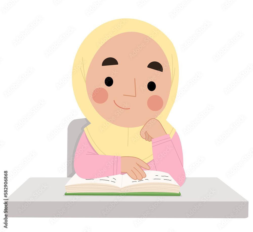 Illustration of a happy Muslim girl studying in class Illustration of a happy Muslim girl studying in class