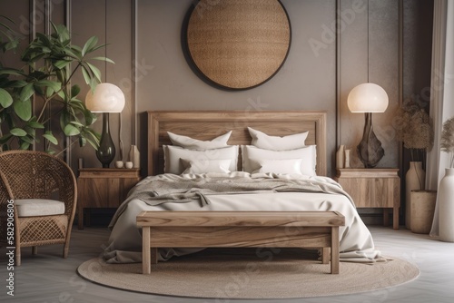 Bedroom interior in a rustic style with wooden furniture  interior scene and mockup. Generative AI
