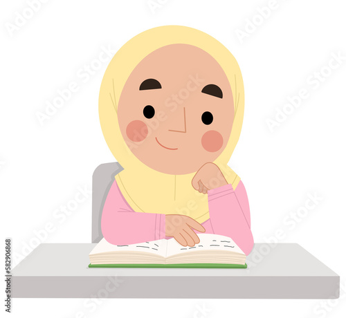 Illustration of a happy Muslim girl studying in class