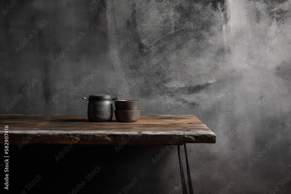 For product presentations, mockups, and backdrops, use this abstract concrete table with a dark toned background texture of an old ground concrete wall. Generative AI