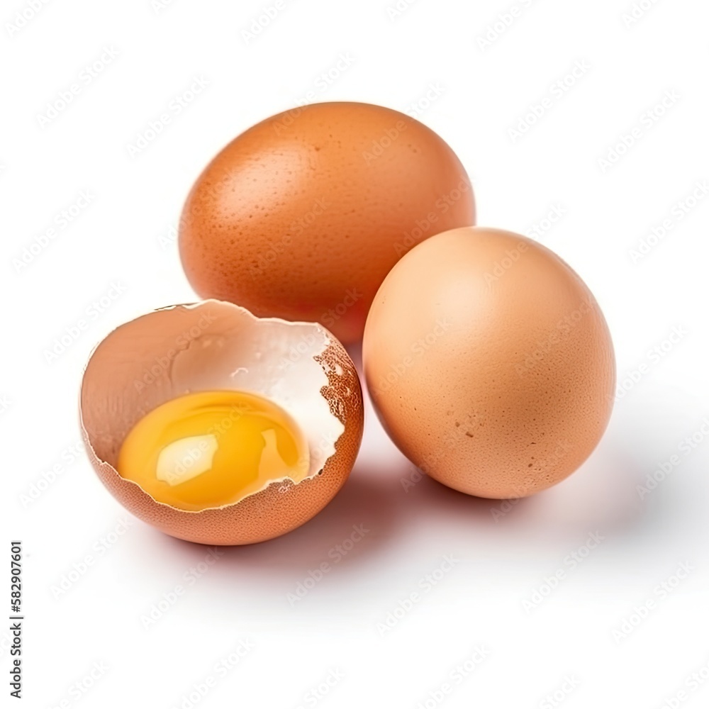 Brown chicken eggs and egg yolk isolated on white background. generative ai Brown chicken eggs and egg yolk isolated on white background. generative ai