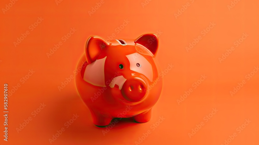 Ceramic piggy bank on orange background, top view, generative ai
