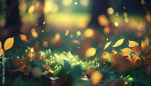 Closeup view of falling leaves on grass in morning sunlight with bokeh Generative AI