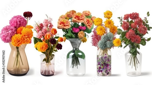 Collage with many beautiful bouquets and flowers in different vases on white background, generative ai