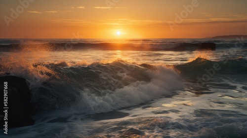 Coastal waves at sunset. Sunset coastal waves, generative ai