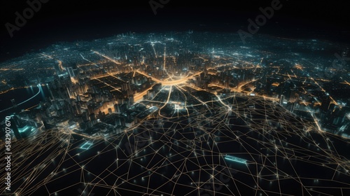 city lights map at night. Satellite view. Aerial. lobal communications and networking. Cyberspace in big city. generative ai photo
