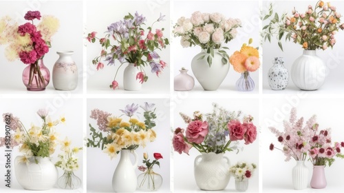 Collage with many beautiful bouquets and flowers in different vases on white background, generative ai