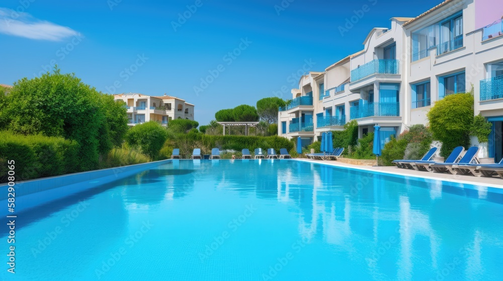 hotel resort with swimming pool in blue summer tones with green scenery, generative ai hotel resort with swimming pool in blue summer tones with green scenery, generative ai