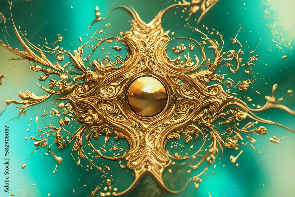 Gold abstract fractal against a green background. Generative AI. Gold abstract fractal against a green background. Generative AI.