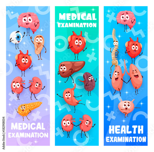 Health medical examination, cartoon human organ characters, vector banners. Kids clinic or family doctor medical checkup for children with funny brain, heart and kidney, cute spine, nose and ear organ