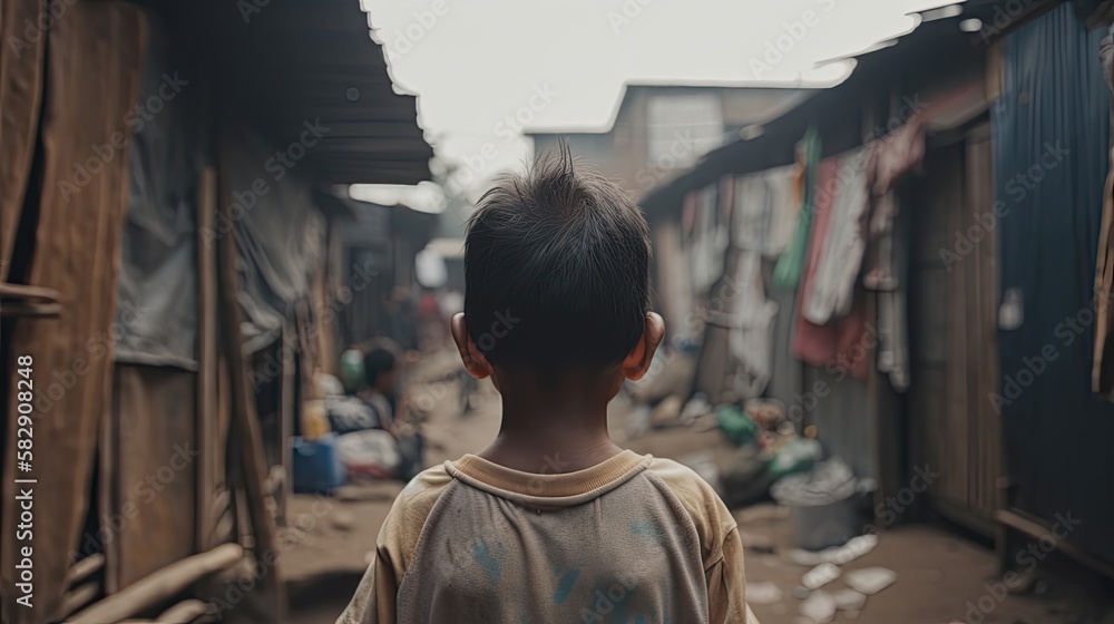 poor kid standing in the slum. view from behind, generative ai poor kid standing in the slum. view from behind, generative ai