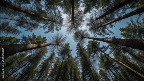 Pine trees in the forest form a heart shape their branches against a blue sky, a perspective view from the bottom up. generative ai