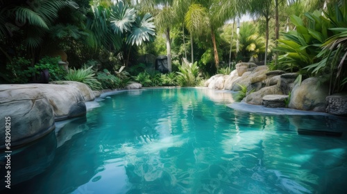 pool in resort with tropics in blue-green tones, generative ai