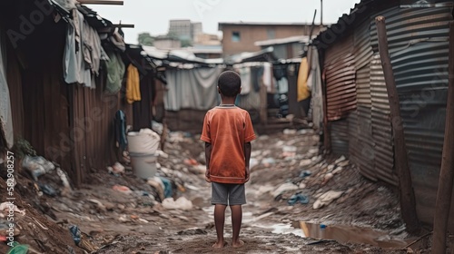 poor kid standing in the slum. view from behind, generative ai