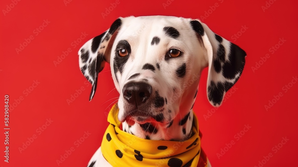 Adorable Dalmatian dog with red sweatshirt and bandana on yellow background, generative ai