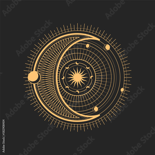 Crescent and moon esoteric occult symbols, magic tarot or astronomy sign. Moon phases and solar with radiant rays in circle. Vector spiritual magical emblem, isolated alchemy, wicca or pagan amulet