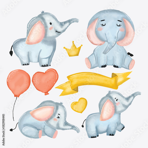 Kawaii watercolor elephant in wreath floral, airplane, baby new born templates design. Watercolor illustration