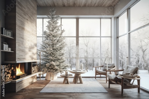 Christmas living room with tree and fireplace, panoramic windows on the winter landscape, vintage architecture interior design, wooden table top or shelf with aromatic sticks bottles,. Generative AI © AkuAku