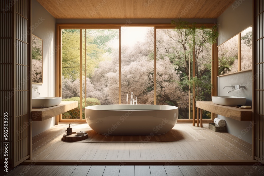 Overlooking a contemporary Japanese wooden bathroom with a bathtub, zen architecture interior design concept, is a white table, desk, or shelf with five soft white pillows in the shapes of stars or fl