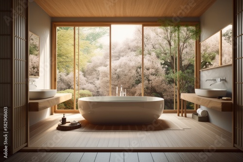 Overlooking a contemporary Japanese wooden bathroom with a bathtub  zen architecture interior design concept  is a white table  desk  or shelf with five soft white pillows in the shapes of stars or fl