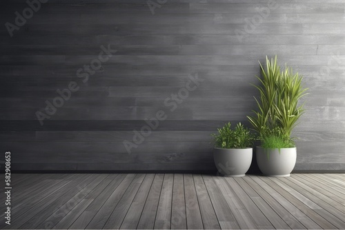 Interior of an empty room with wooden boards paneling, a mock up wall of black concrete stucco, wooden flooring, and a pot of grass. Copy space. Generative AI