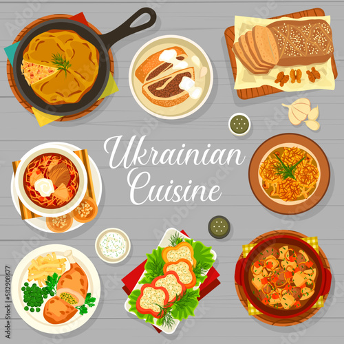 Ukrainian cuisine menu cover. Pancakes, buckwheat bread with walnuts and potato pie with meat, meat vegetable stew, sauerkraut casserole and Borscht with pampushkas, stuffed peppers, chicken Kiyv