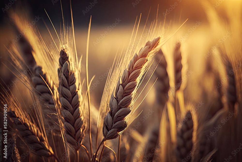 Golden stalks of wheat in the evening light. Generative AI Golden stalks of wheat in the evening light. Generative AI