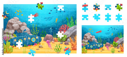 Underwater landscape for jigsaw puzzle game pieces, vector kids worksheet. Cartoon undersea fishes and coral reef animals with sunken submarine boat, seahorse and squid on picture puzzle jigsaw