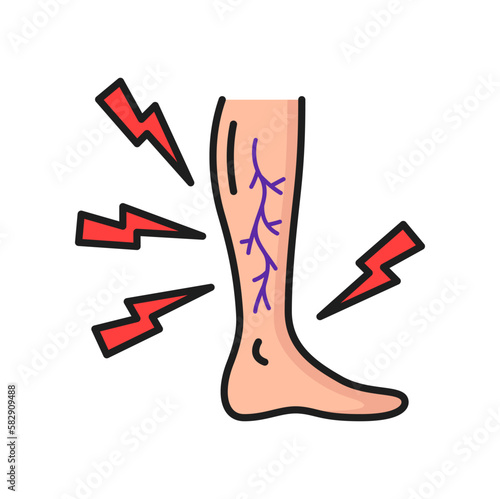 Swelling pain in legs, varicose veins outline icon. Vector abnormal blood pressure, weak valves, thunder as pains sign. Vascular disease diagnostic and treatment