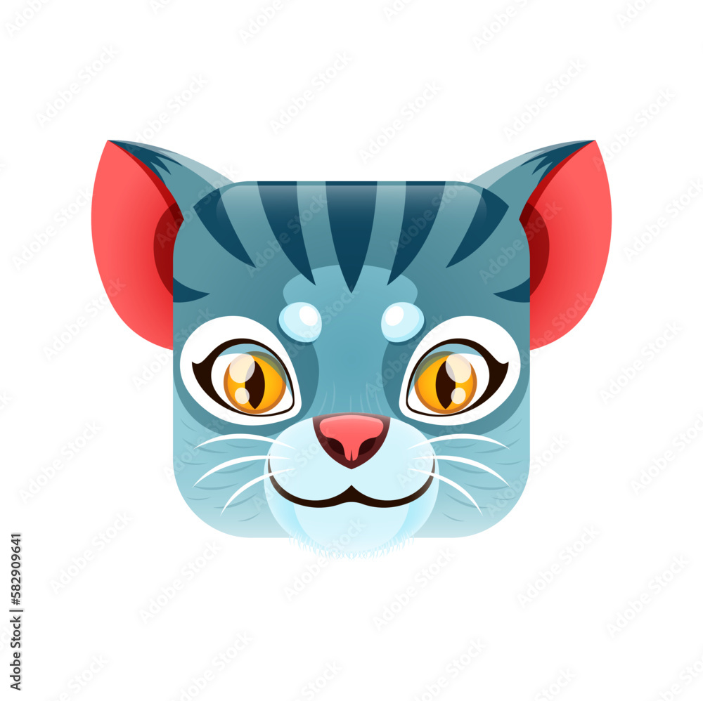 Fototapeta premium Cartoon cat kawaii square animal face, funny kitten muzzle. Isolated vector feline pet character portrait with striped fur and big eyes. App button, icon, graphic design element