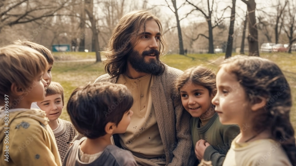 Modern Day Jesus Talking and Playing With Young Children in the Park - Generative AI. Modern Day Jesus Talking and Playing With Young Children in the Park - Generative AI.