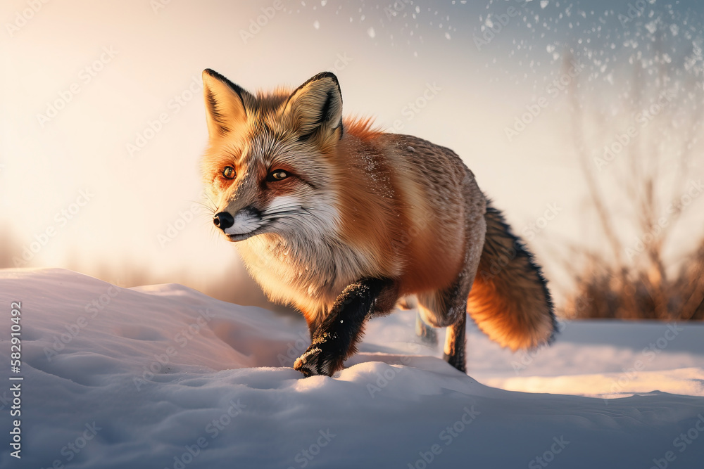  Red Fox Hunting on a Snow . AI generated Illustration.