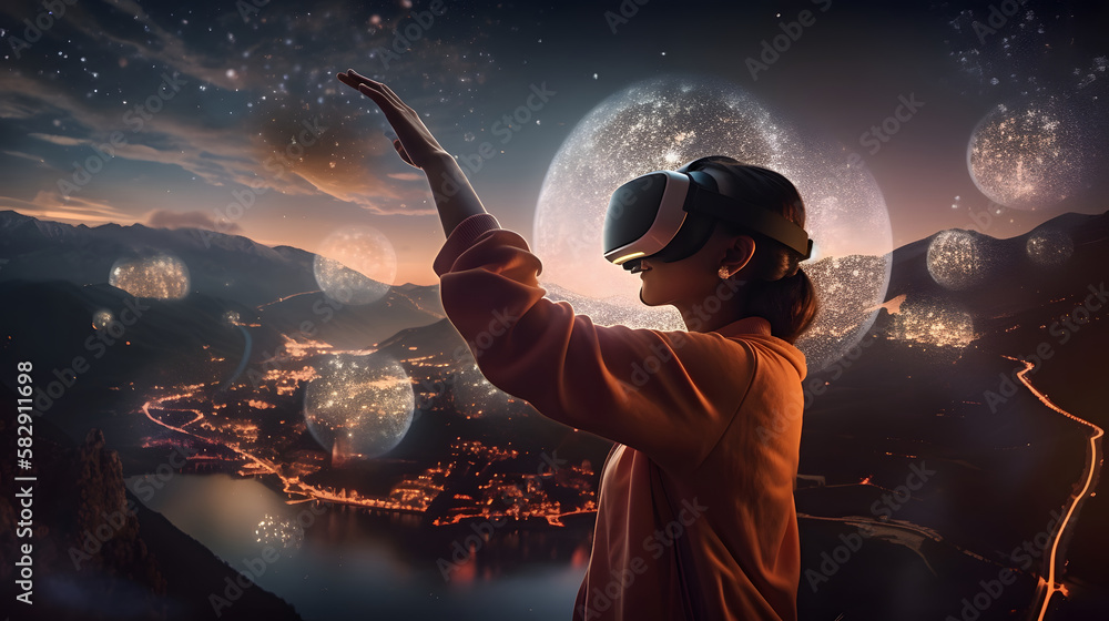 Obraz premium woman with virtual reality glasses, metaverse concept, virtual reality, augmented reality, multiverse, videogames