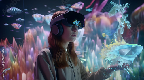 woman with virtual reality glasses, metaverse concept, virtual reality, augmented reality, multiverse, videogames