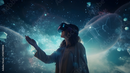 woman with virtual reality glasses, metaverse concept, virtual reality, augmented reality, multiverse, videogames