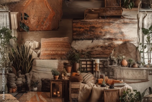 Bohemian styled, vintage inspired interior design and furnishings for homes. Generative AI