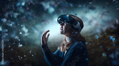 woman with virtual reality glasses, metaverse concept, virtual reality, augmented reality, multiverse, videogames © Demencial Studies