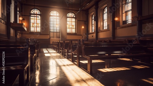 Church wooden interior background. Generative AI technology.