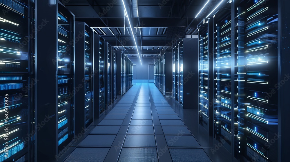 Server racks row at data center room. Generative AI technology. Server racks row at data center room. Generative AI technology.