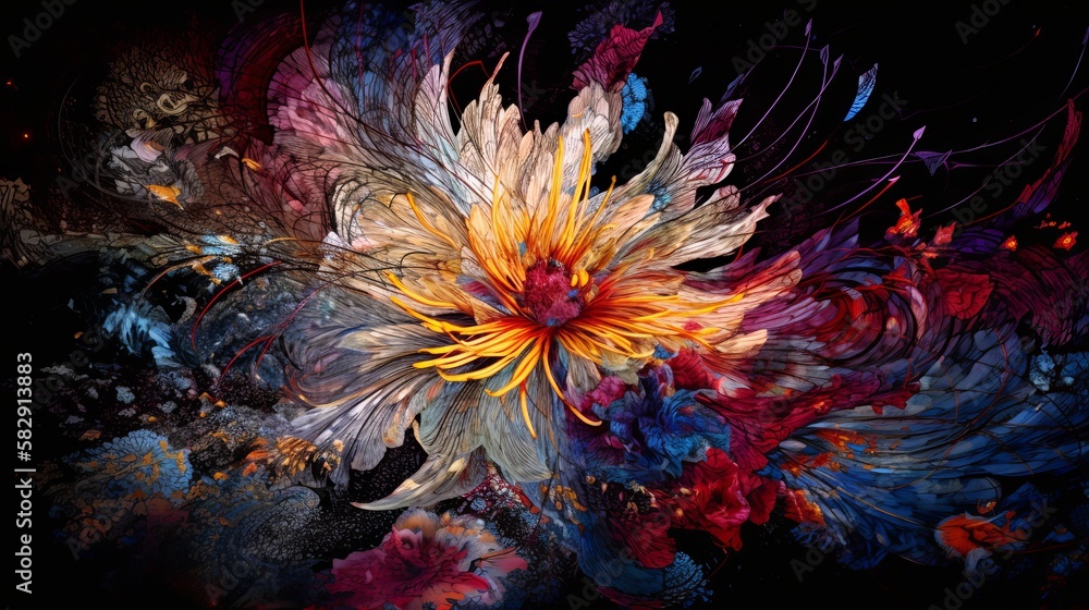 Exotic floral baroque  vintage on black background. Flower victorian old painting style. Generative AI technology.
