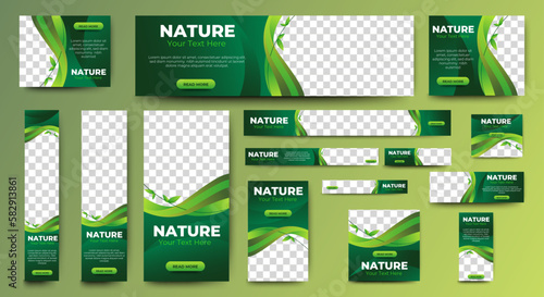 Nature banner design web template Set, Horizontal header web banner. Modern Gradient green cover header background for website design, Social Media Cover ads banner, flyer, invitation card