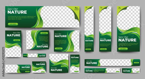 Nature banner design web template Set, Horizontal header web banner. Modern Gradient green cover header background for website design, Social Media Cover ads banner, flyer, invitation card
