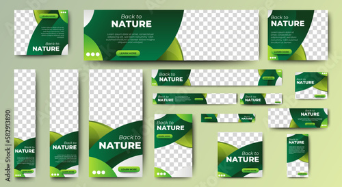 Nature banner design web template Set, Horizontal header web banner. Modern Gradient green cover header background for website design, Social Media Cover ads banner, flyer, invitation card