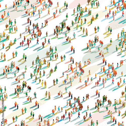 Large group of abstract people crowded on white background. Seamless pattern of crowd of different people with shadow. Vector illustration