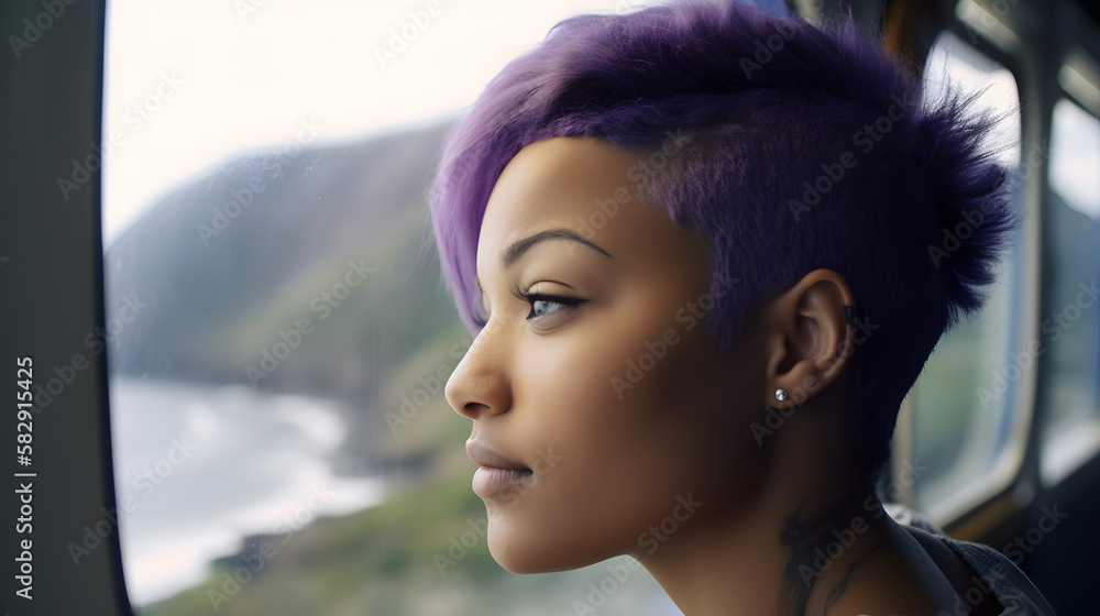 woman looking at the landscape while traveling by train woman looking at the landscape while traveling by train