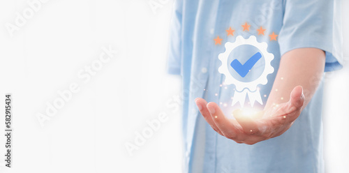 Customers show signs of top service Quality assurance, Guarantee, Standards, ISO certification, and standardization to send satisfaction surveys with a quality guarantee icon of 5 stars. .